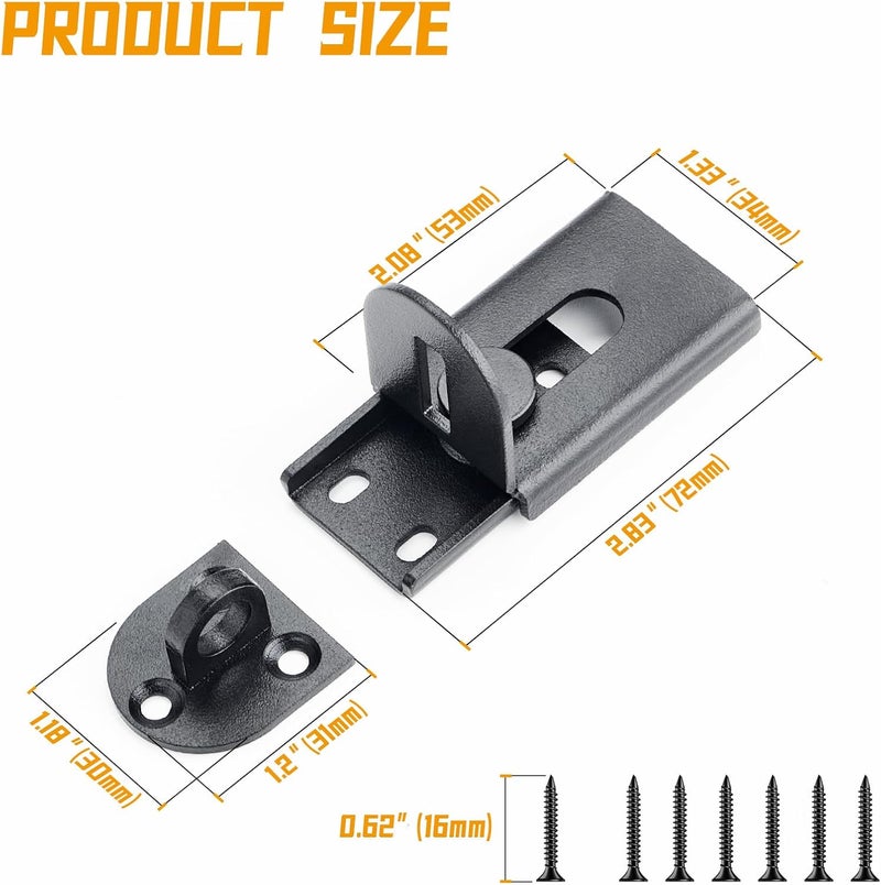 GMSP Sliding Door Lock, 90 Degree Door Hasp Latch Lock, Stainless Steel Security Right Angle Padlock with Screws for Push/Sliding/Barn Doors (2PC, Black) - Image 2
